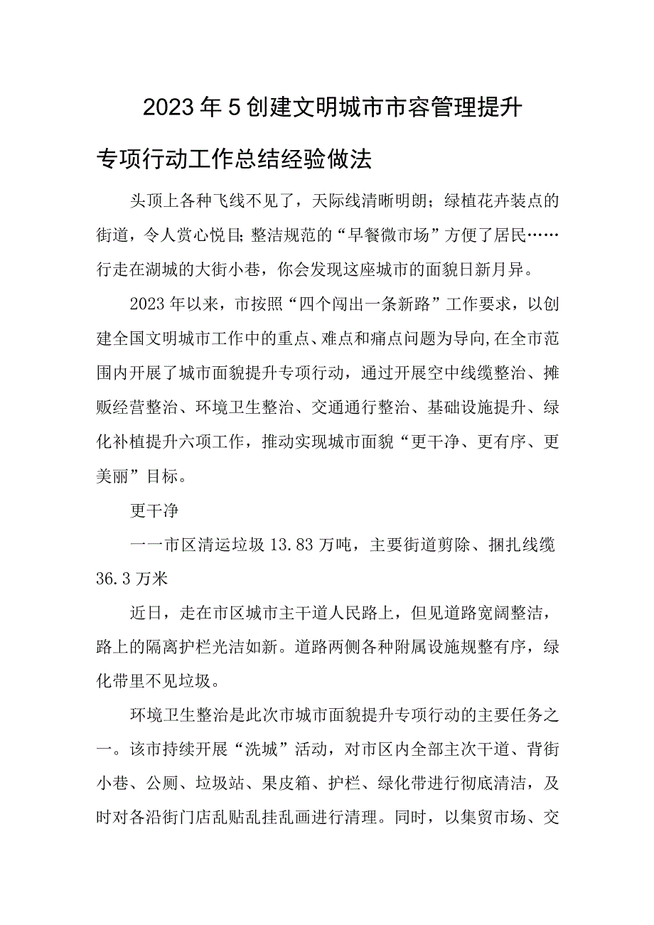 2023年5创建文明城市市容管理提升专项行动工作总结经验做法.docx_第1页