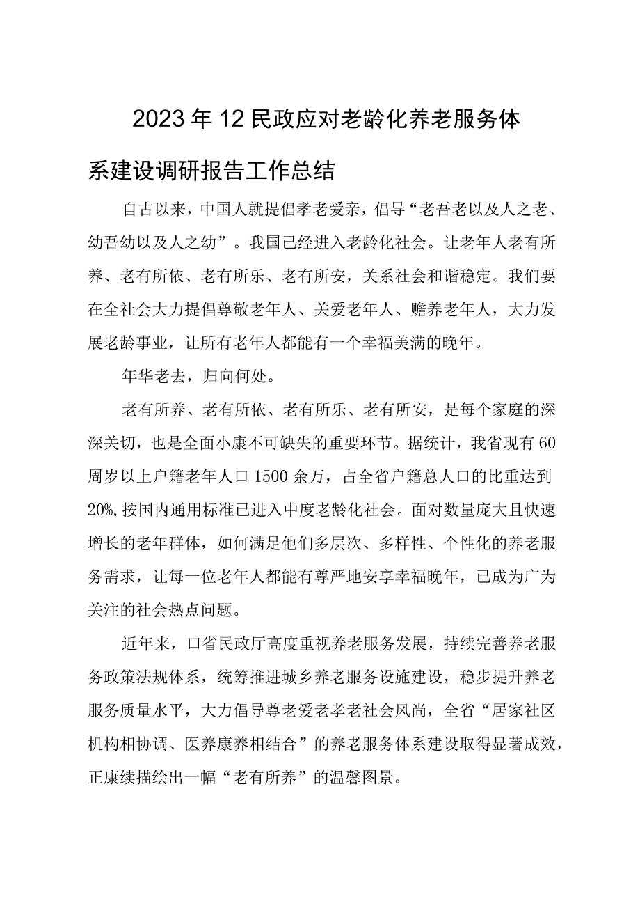 2023年12民政应对老龄化养老服务体系建设调研报告工作总结.docx_第1页