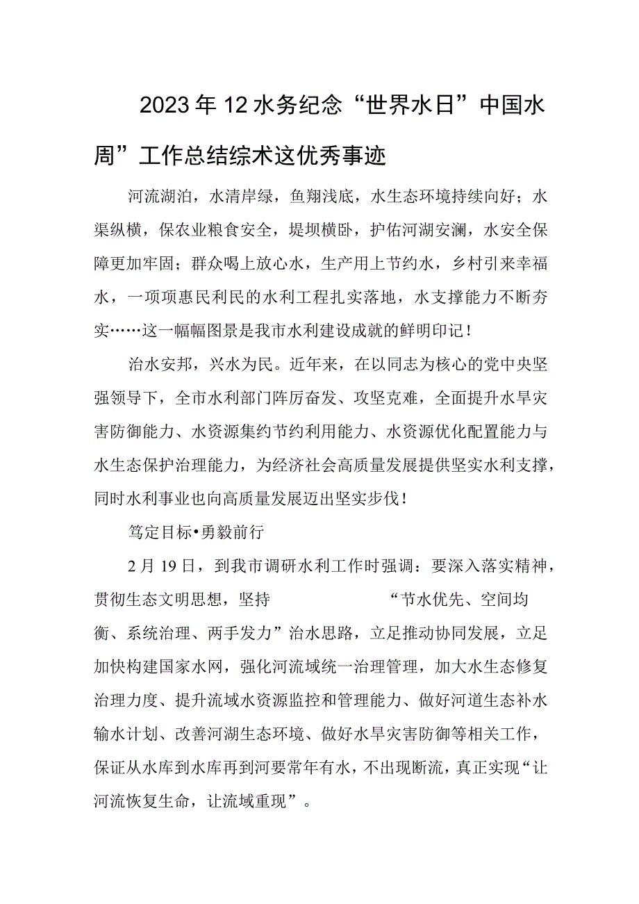 2023年12水务纪念世界水日中国水周工作总结综术这优秀事迹.docx_第1页