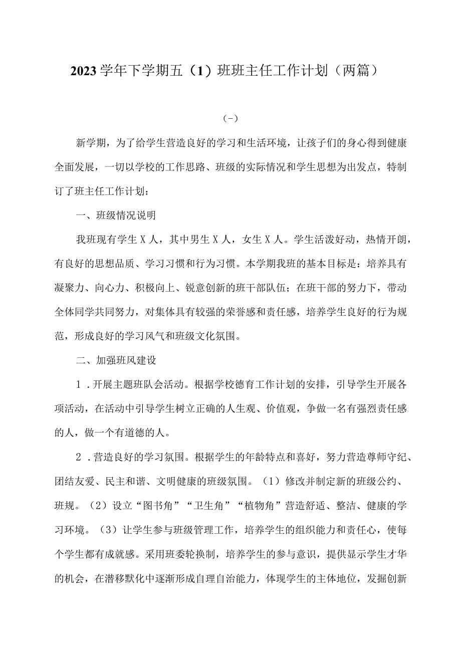 2023学年下学期五1班班主任工作计划两篇.docx_第1页