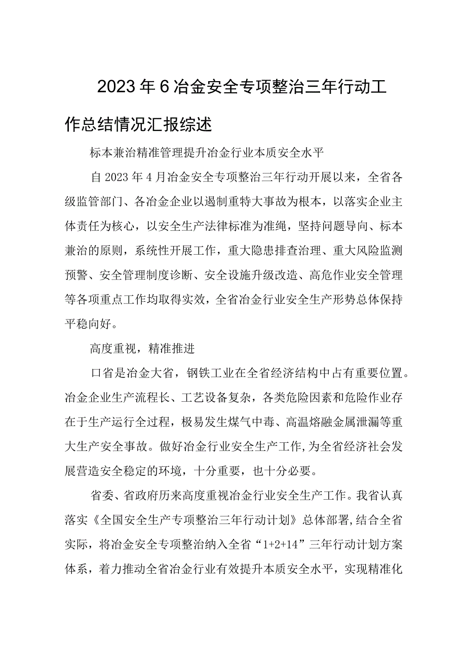 2023年6冶金安全专项整治三年行动工作总结情况汇报综述.docx_第1页