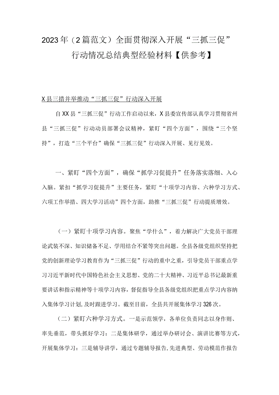 2023年(2篇范文)全面贯彻深入开展三抓三促行动情况总结典型经验材料供参考.docx_第1页