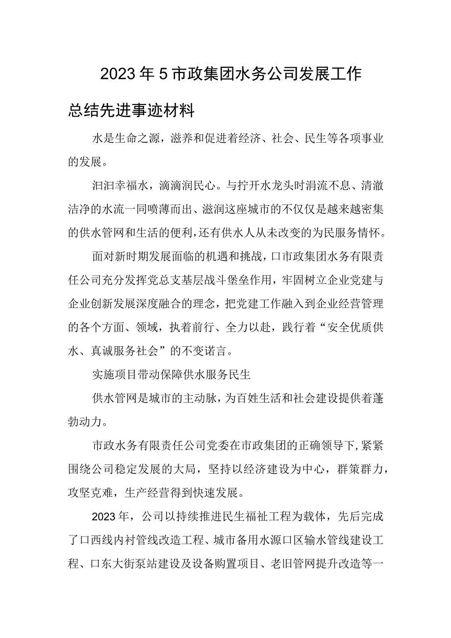 2023年5市政集团水务公司发展工作总结先进事迹材料.docx_第1页