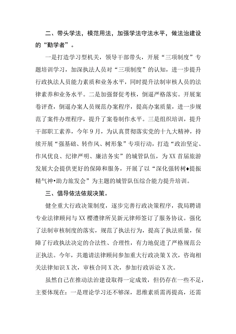 2023年XX县城市管理和综合执法局履行推进法治建设第一责任人职责述职报告.docx_第2页