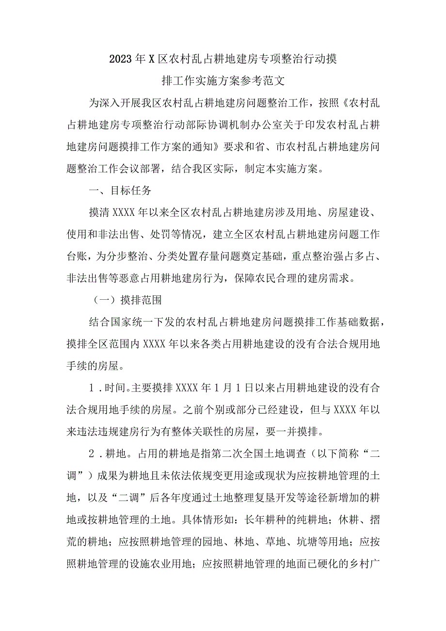 2023年XX区农村乱占耕地建房专项整治行动摸排工作实施方案参考范文.docx_第1页