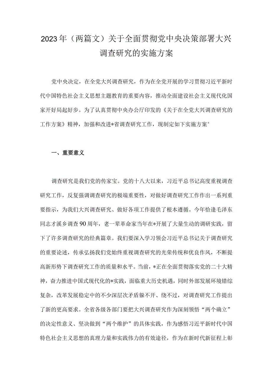 2023年两篇文关于全面贯彻党中央决策部署大兴调查研究的实施方案.docx_第1页