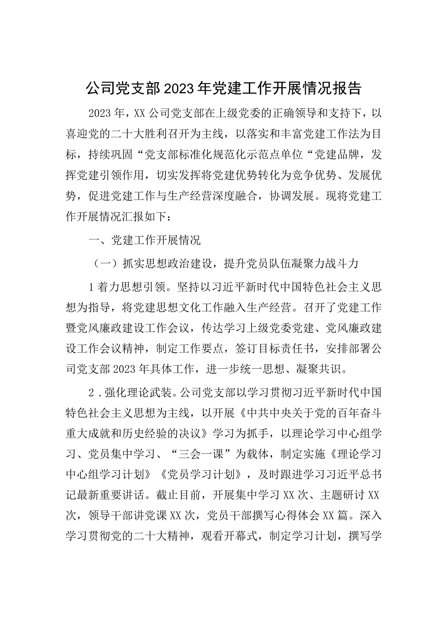 2023年党建工作开展情况报告：公司党支部2023年党建工作开展情况报告.docx_第1页