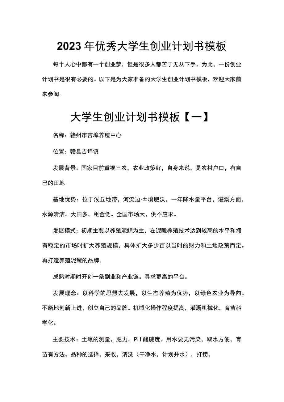 2023年优秀大学生创业计划书模板.docx_第1页