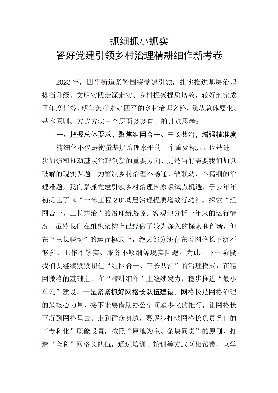 2023年务虚会发言材料：抓细抓小抓实答好党建引领乡村治理精耕细作新考卷.docx_第1页