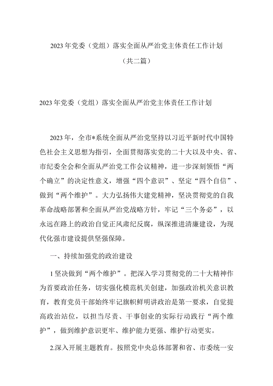 2023年党委党组落实全面从严治党主体责任工作计划(共二篇).docx_第1页