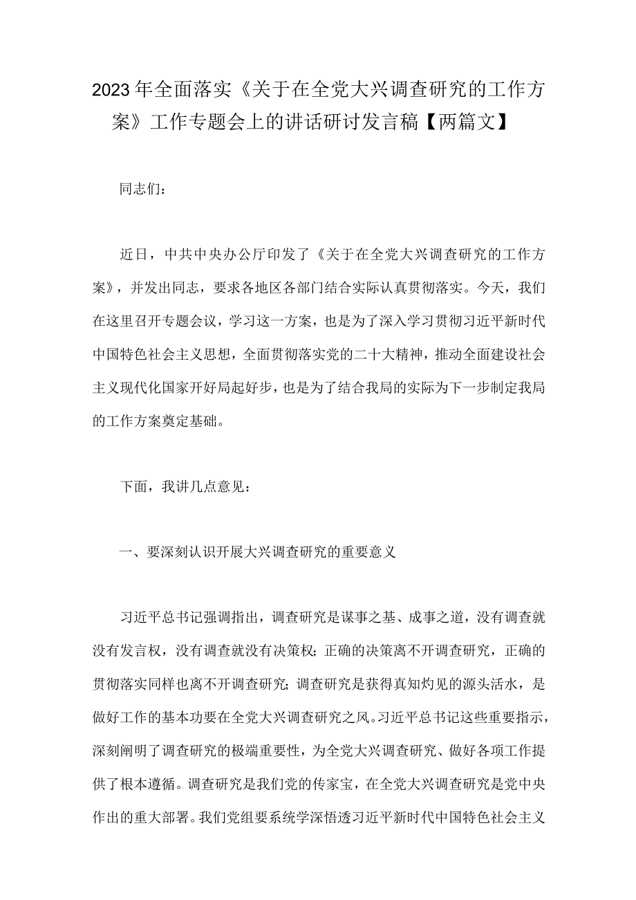 2023年全面落实关于在全党大兴调查研究的工作方案工作专题会上的讲话研讨发言稿两篇文.docx_第1页