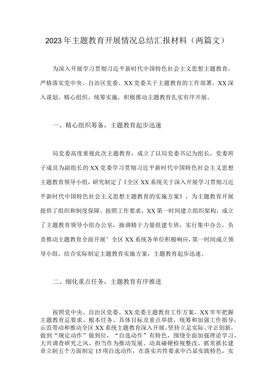 2023年主题教育开展情况总结汇报材料两篇文.docx_第1页