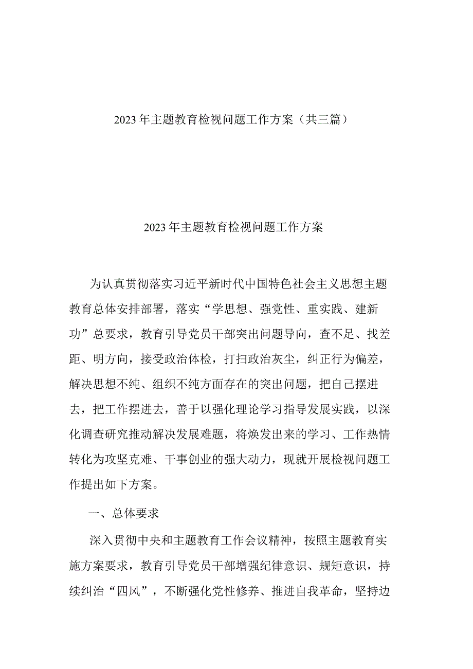 2023年主题教育检视问题工作方案(共三篇).docx_第1页