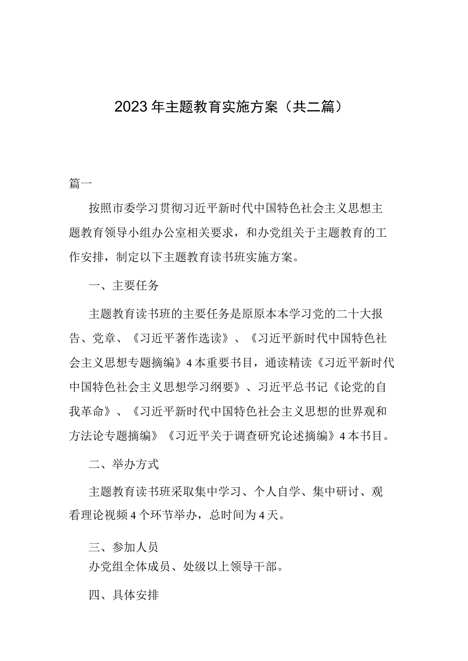 2023年主题教育实施方案(共二篇).docx_第1页