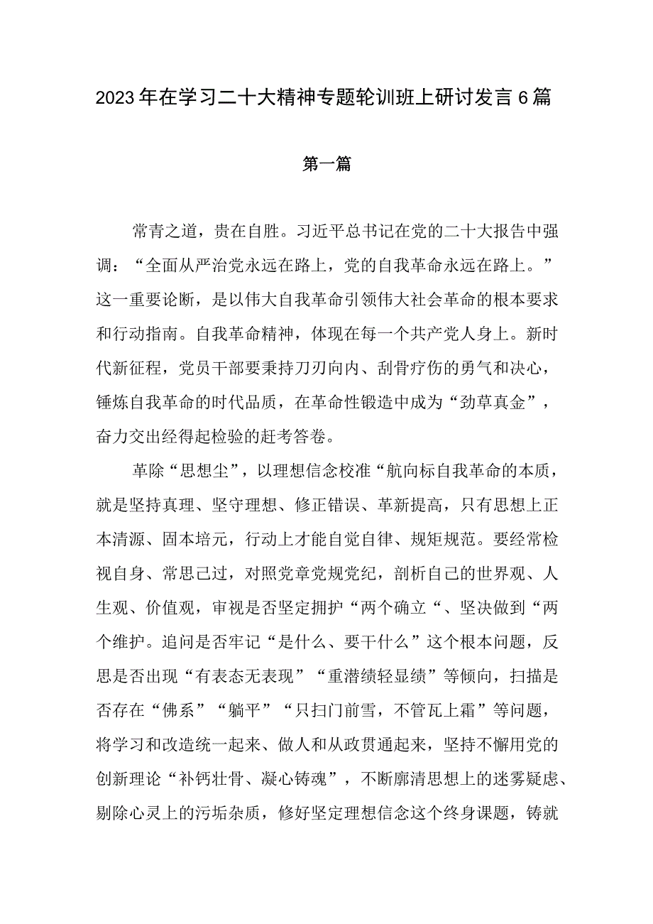 2023年在学习二十大精神专题轮训班上研讨发言6篇.docx_第1页