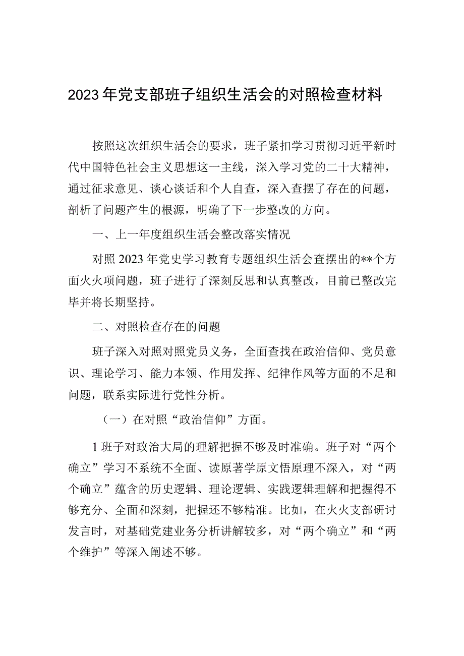 2023年党支部班子组织生活会的对照检查材料.docx_第1页