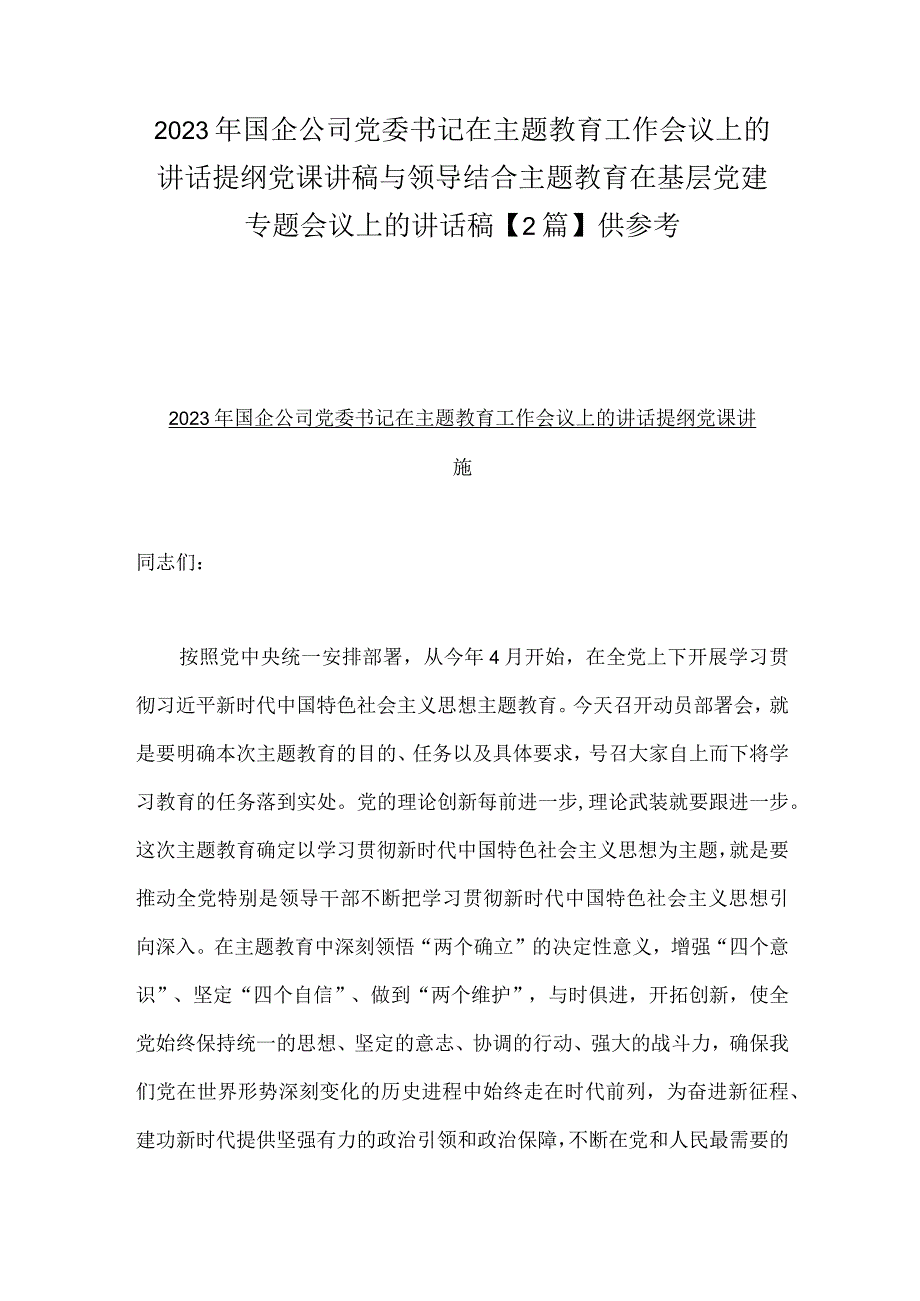 2023年国企公司党委书记在主题教育工作会议上的讲话提纲党课讲稿与领导结合主题教育在基层党建专题会议上的讲话稿2篇供参考.docx_第1页