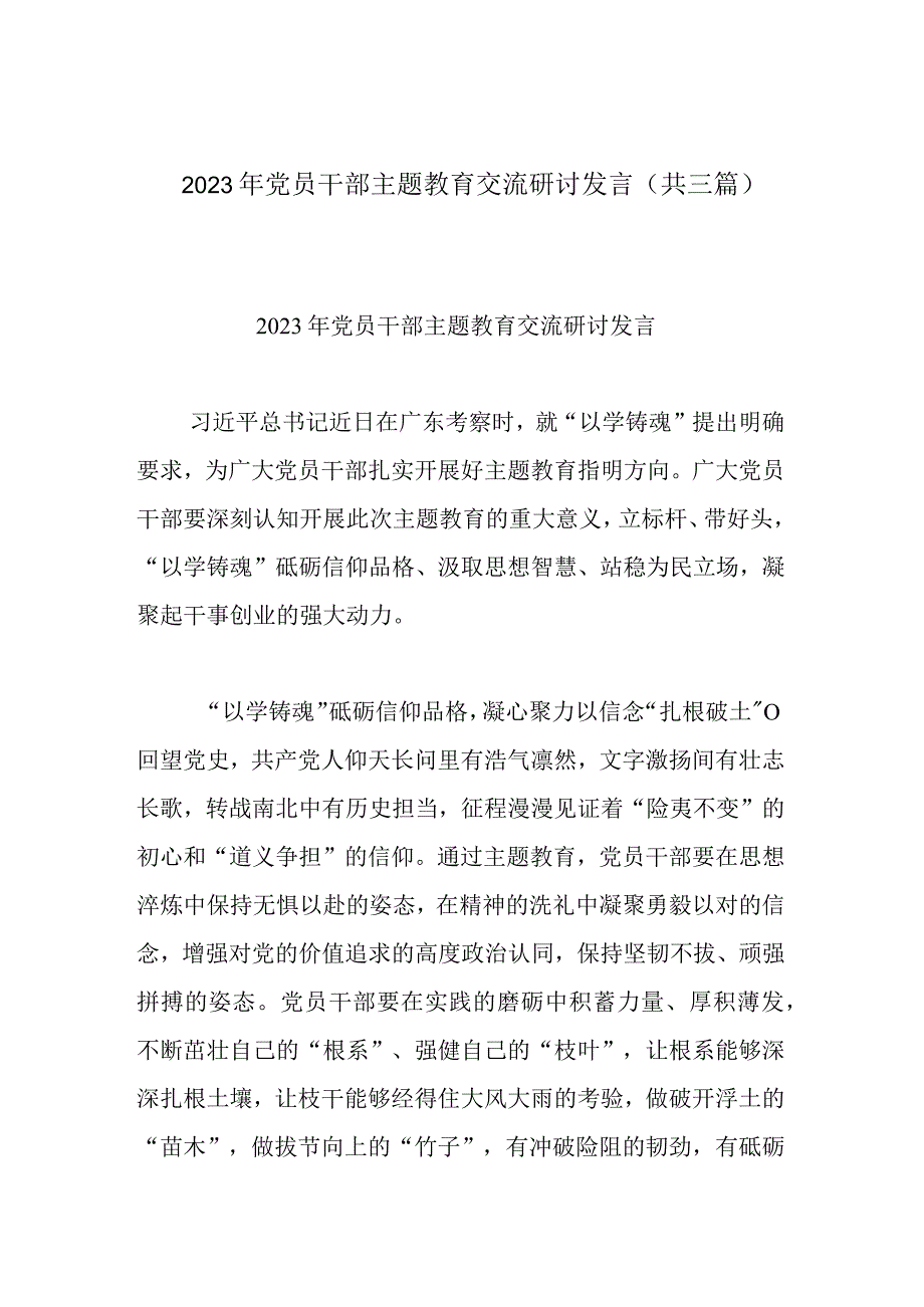 2023年党员干部主题教育交流研讨发言(共三篇).docx_第1页