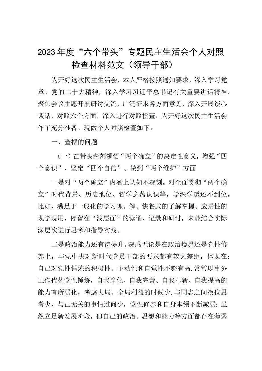 2023年度六个带头专题民主生活会个人对照检查材料范文领导干部.docx_第1页