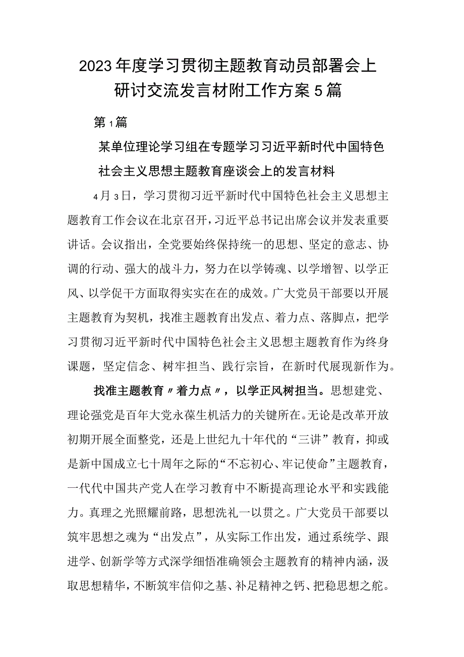 2023年度学习贯彻主题教育动员部署会上研讨交流发言材附工作方案5篇.docx_第1页