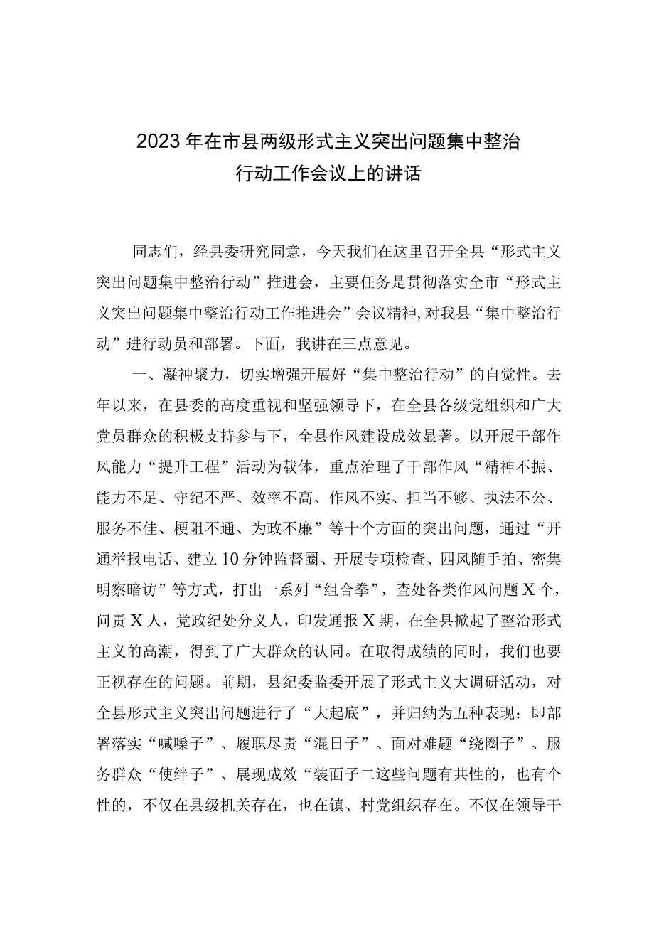 2023年在市县两级形式主义突出问题集中整治行动工作会议上的讲话.docx_第1页