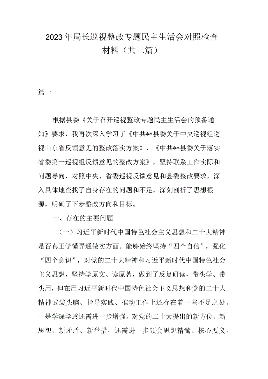 2023年局长巡视整改专题民主生活会对照检查材料(共二篇).docx_第1页