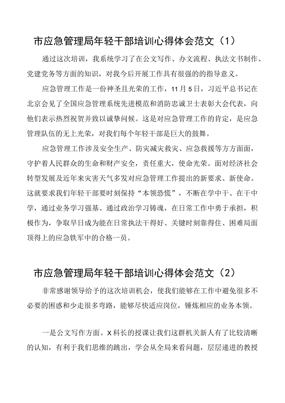 2023年市应急管理局年轻干部培训心得体会范文5篇含公文写作法律法规党务廉政等方面.docx_第1页