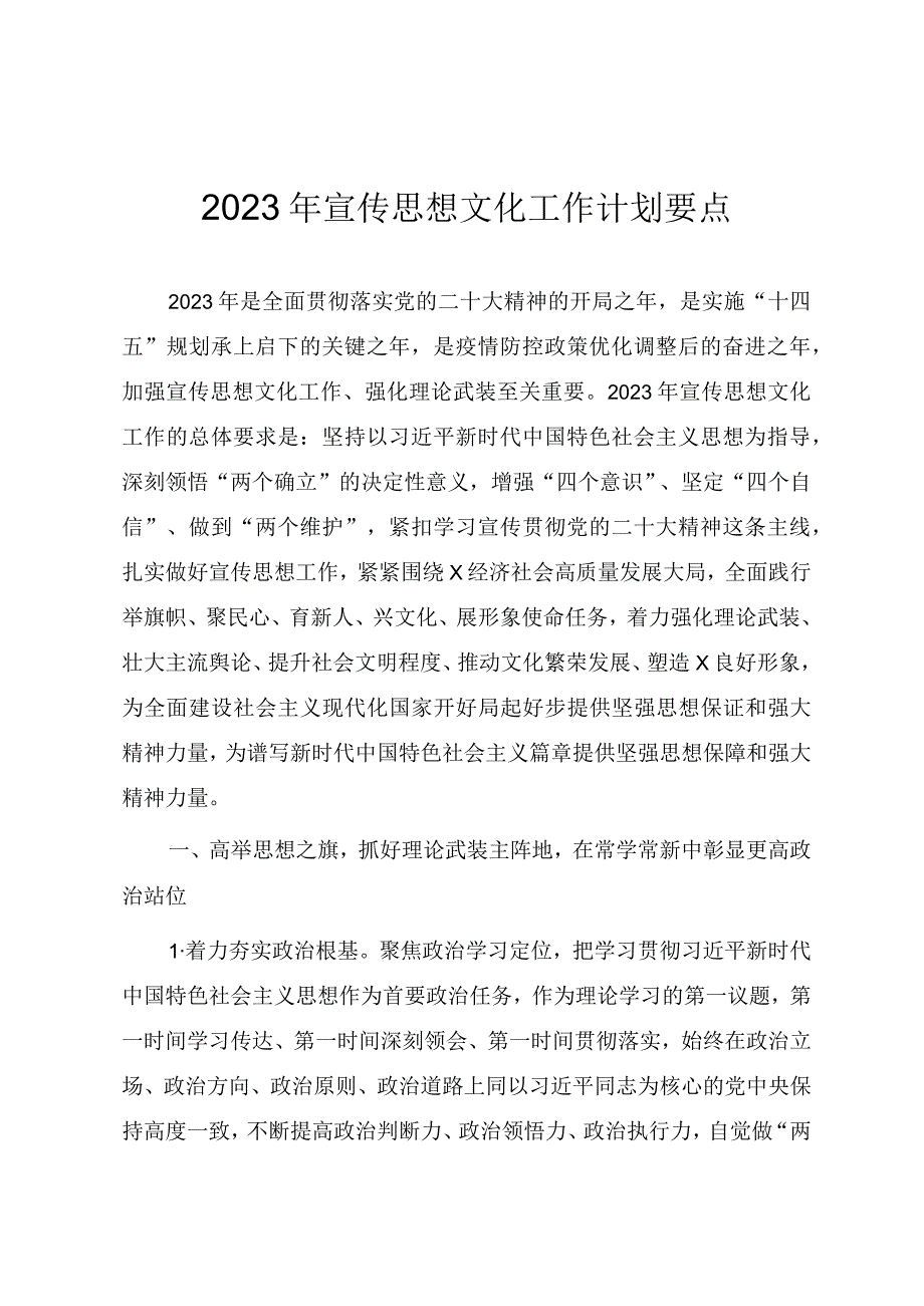 2023年宣传思想文化工作计划要点.docx_第1页