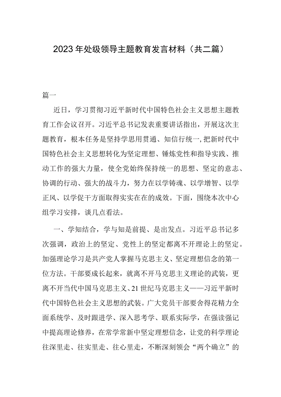 2023年处级领导主题教育发言材料(共二篇).docx_第1页