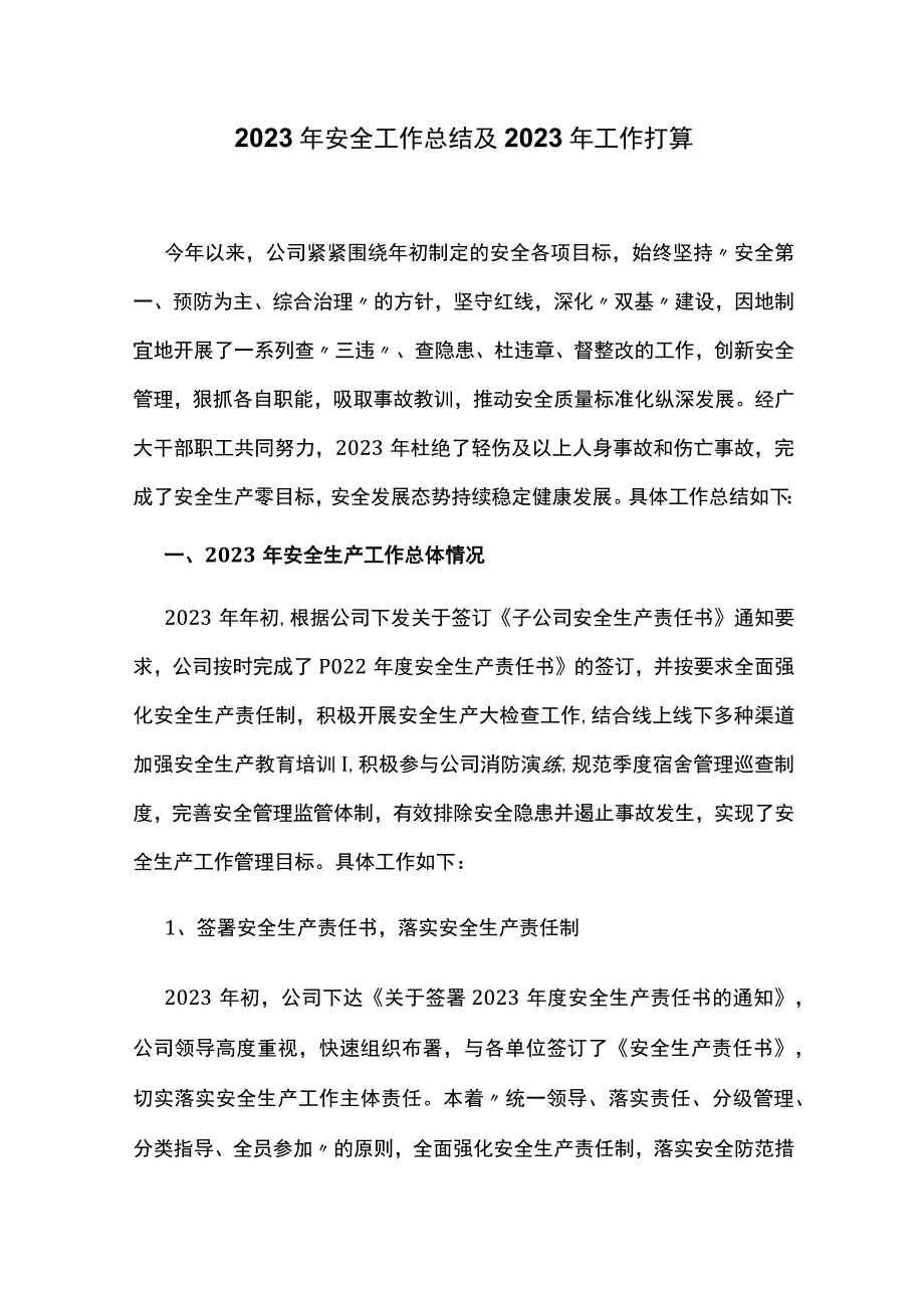 2023年安全工作总结及2023年工作计划.docx_第1页