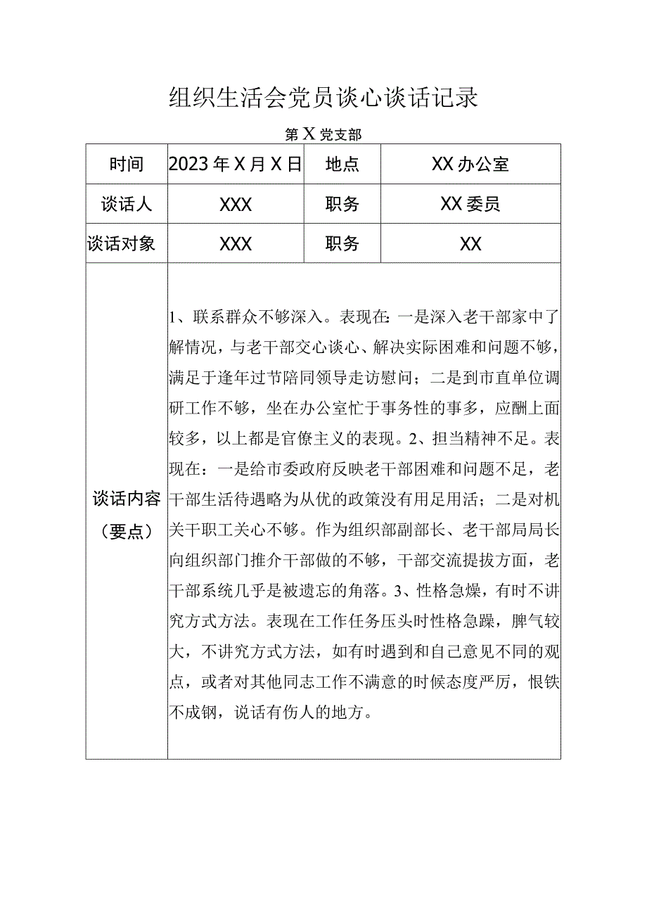 2023年度组织生活会党员谈心谈话记录(1).docx_第1页