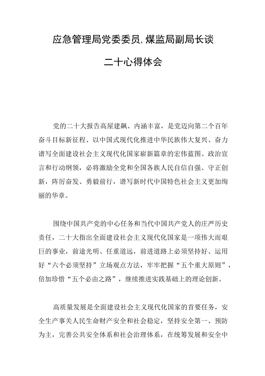 2023年应急管理局党委委员煤监局副局长谈会议精神心得体会范文.docx_第1页