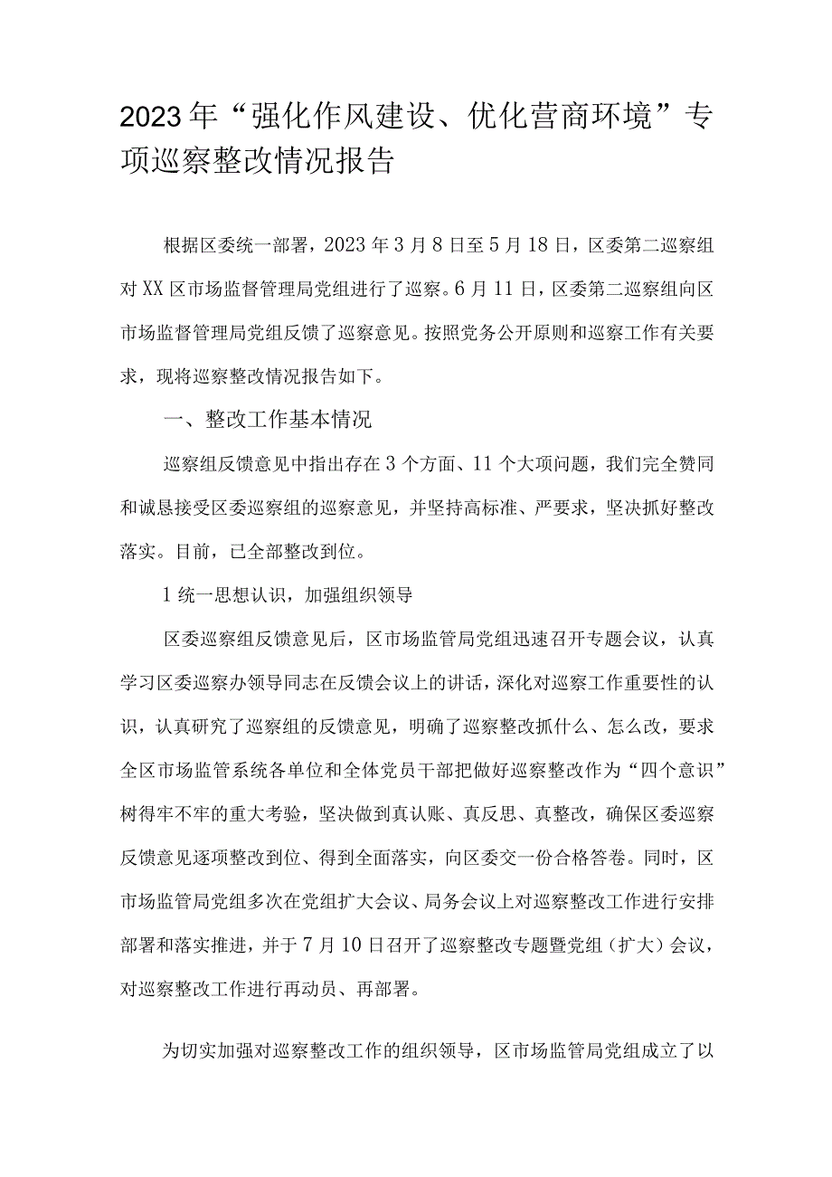 2023年强化作风建设优化营商环境专项巡察整改情况报告.docx_第1页