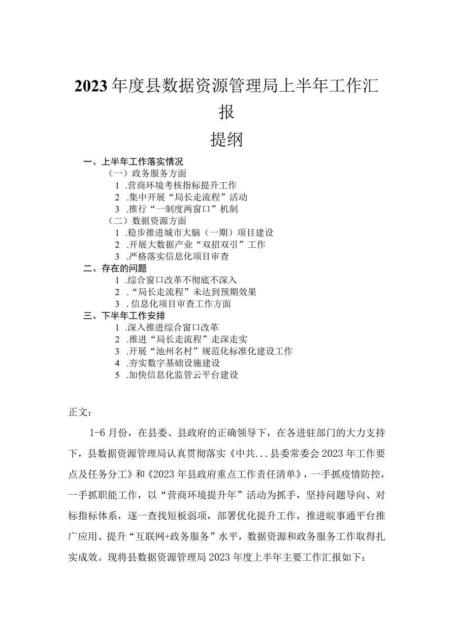 2023年度县数据资源管理局上半年工作汇报.docx_第1页