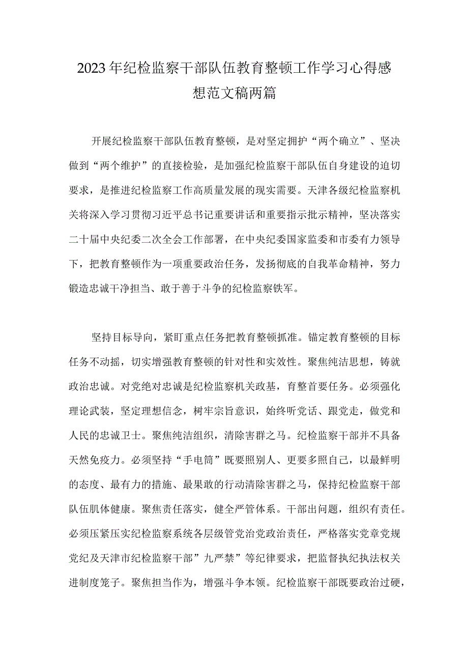 2023年纪检监察干部队伍教育整顿工作学习心得感想范文稿两篇.docx_第1页