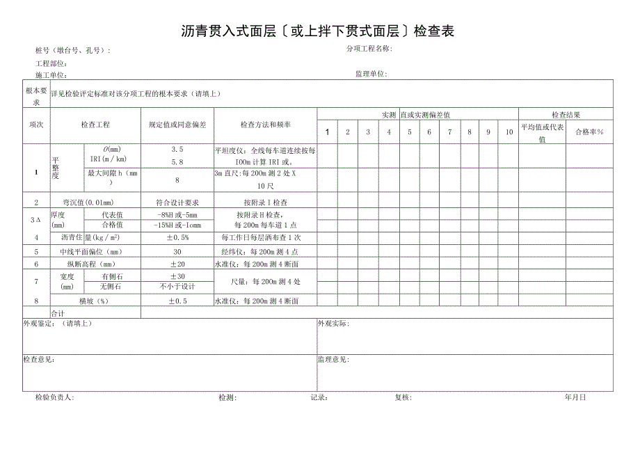 2023年沥青贯入式面层〔或上拌下贯式面层〕检查表.docx_第1页