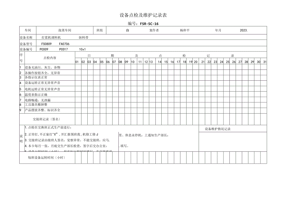 2023年设备点检及维护记录表.docx_第1页