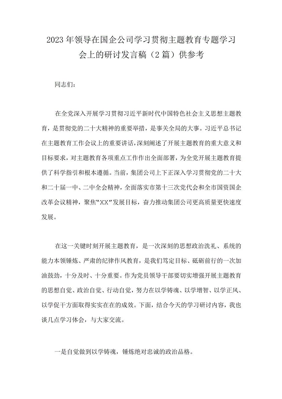 2023年领导在国企公司学习贯彻主题教育专题学习会上的研讨发言稿2篇供参考.docx_第1页