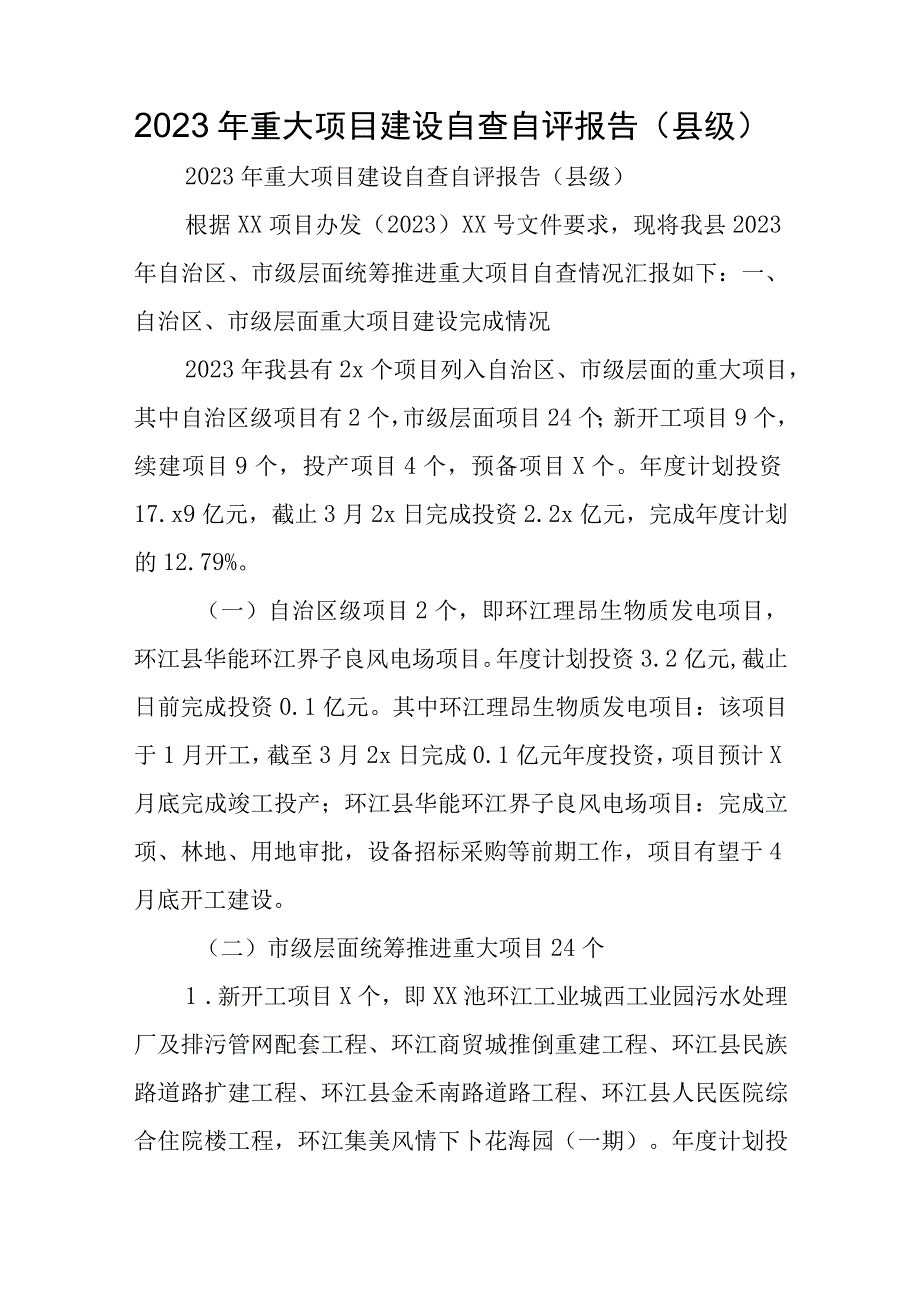 2023年重大项目建设自查自评报告县级.docx_第1页