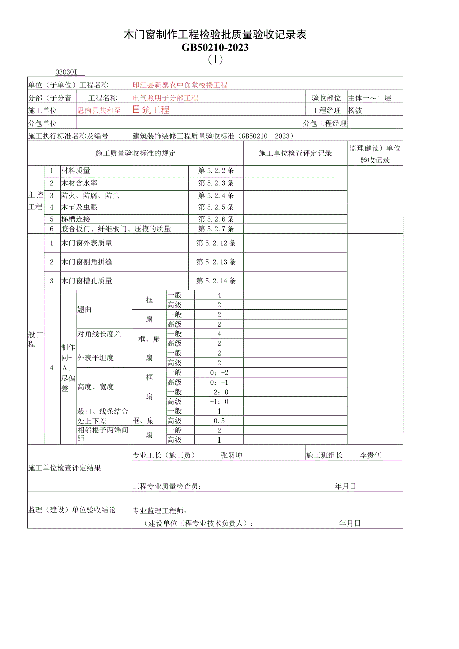 2023年木门窗制作工程检验批质量验收记录表.docx_第1页