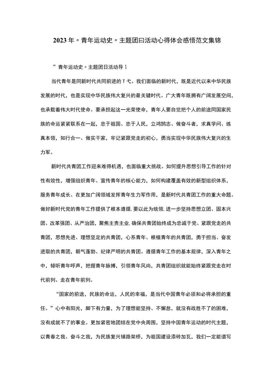 2023年青年运动史主题团日活动心得体会感悟范文集锦.docx_第1页