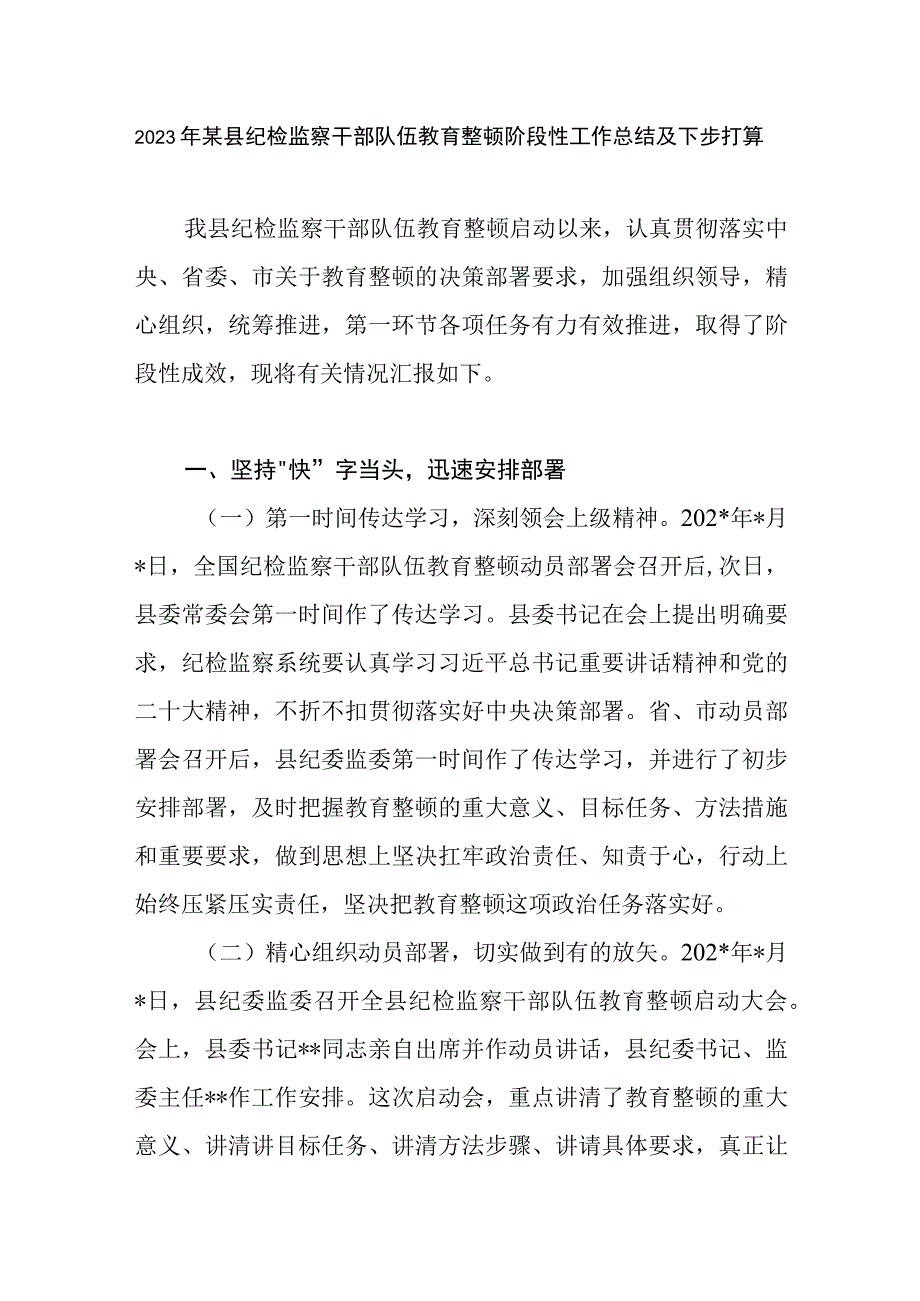 2023年某县纪检监察干部队伍教育整顿阶段性工作总结及下步计划打算.docx_第1页