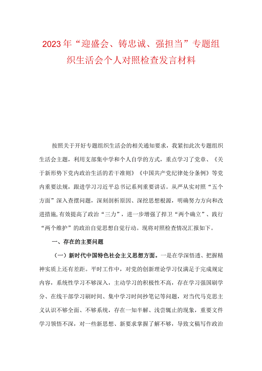 2023年迎盛会铸忠诚强担当专题组织生活会个人对照检查发言材料.docx_第1页