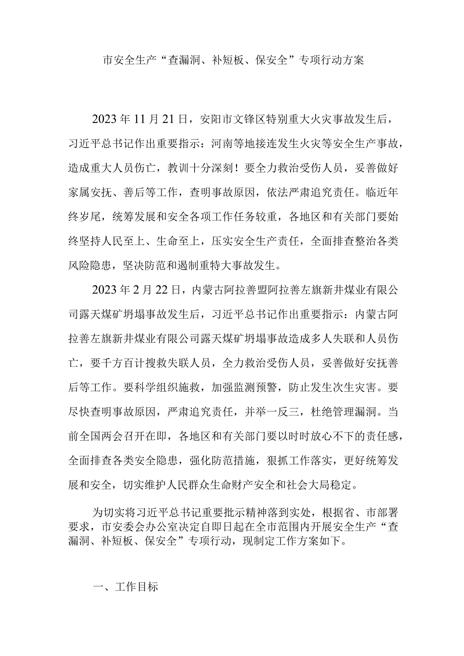 2023年某市安全生产查漏洞补短板保安全专项行动方案和在2023年全市安全生产工作会议上的讲话发言.docx_第2页