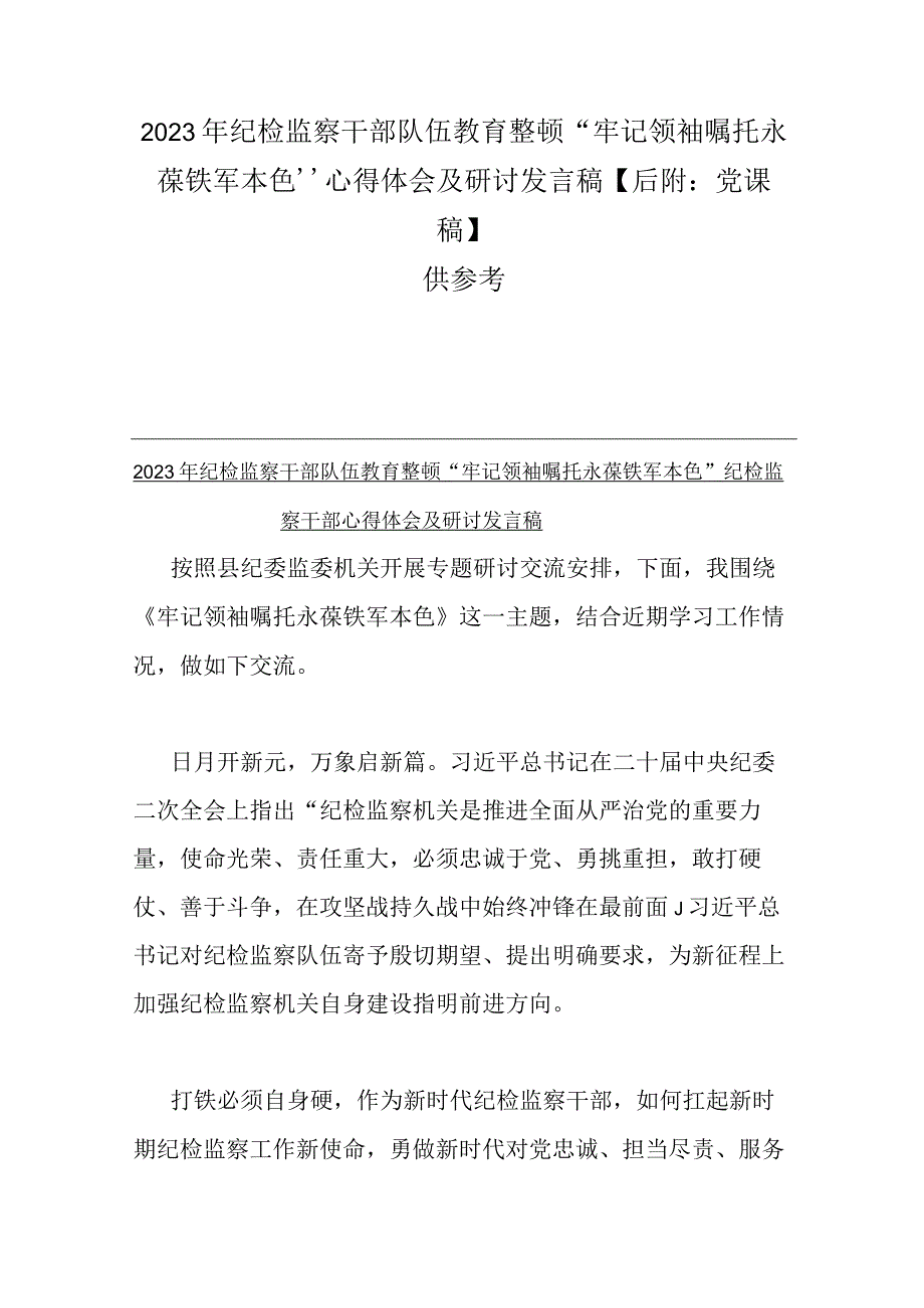 2023年纪检监察干部队伍教育整顿牢记领袖嘱托永葆铁军本色心得体会及研讨发言稿后附：党课稿供参考.docx_第1页