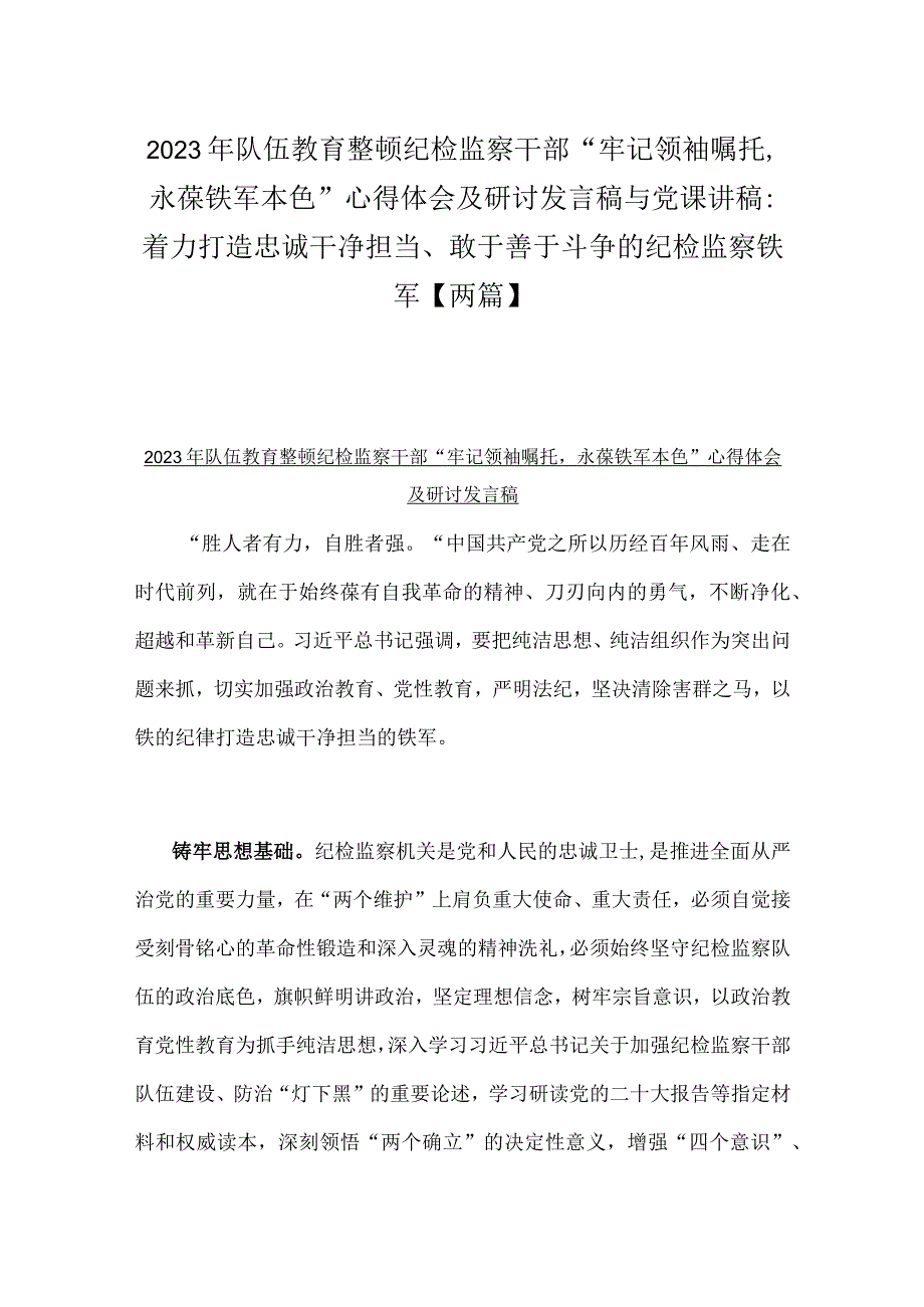 2023年队伍教育整顿纪检监察干部牢记领袖嘱托永葆铁军本色心得体会及研讨发言稿与党课讲稿：着力打造忠诚干净担当敢于善于斗争的纪检.docx_第1页