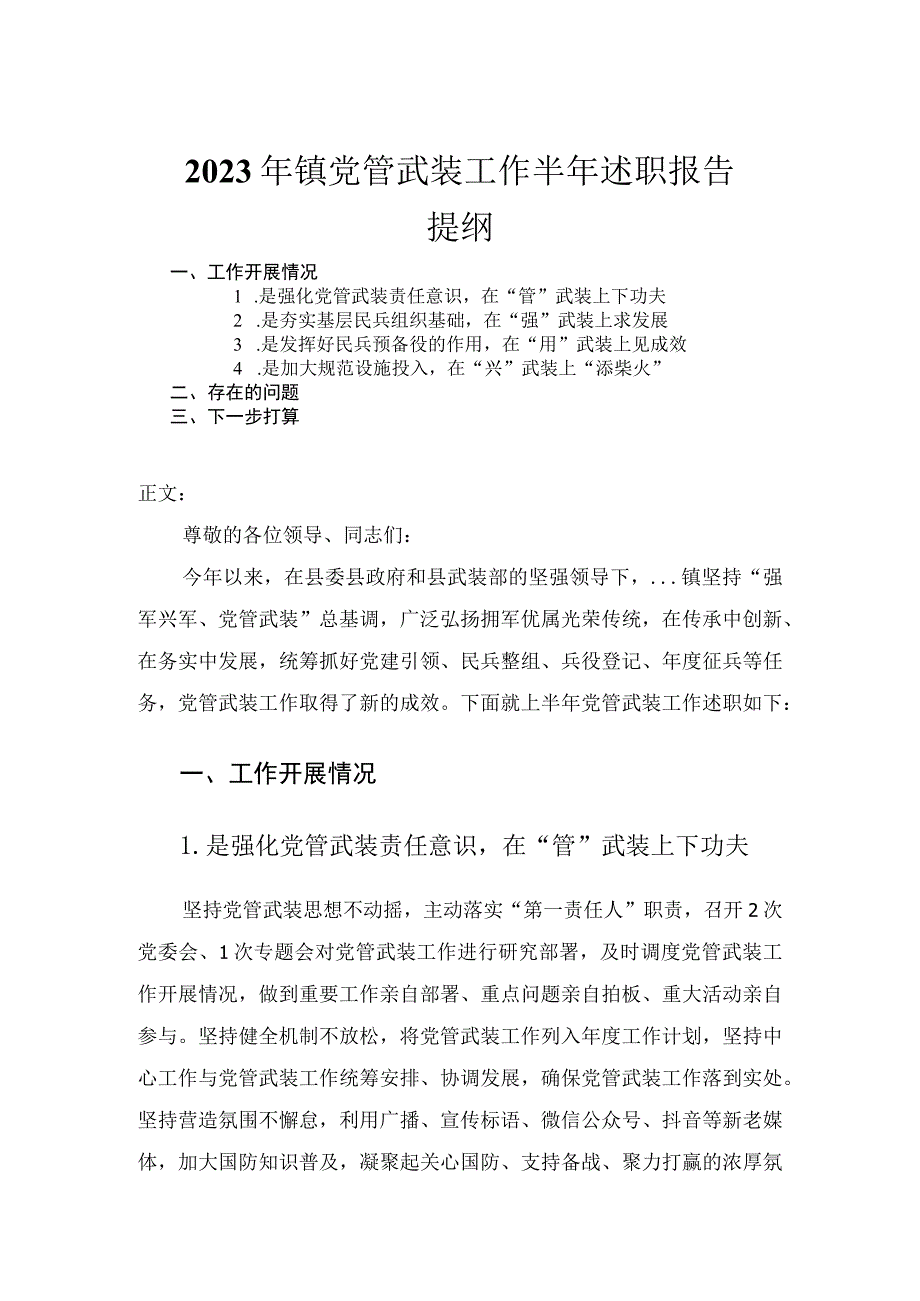 2023年镇党管武装工作半年述职报告.docx_第1页