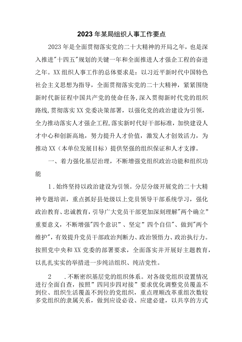 2023年某局组织人事工作要点精选.docx_第1页