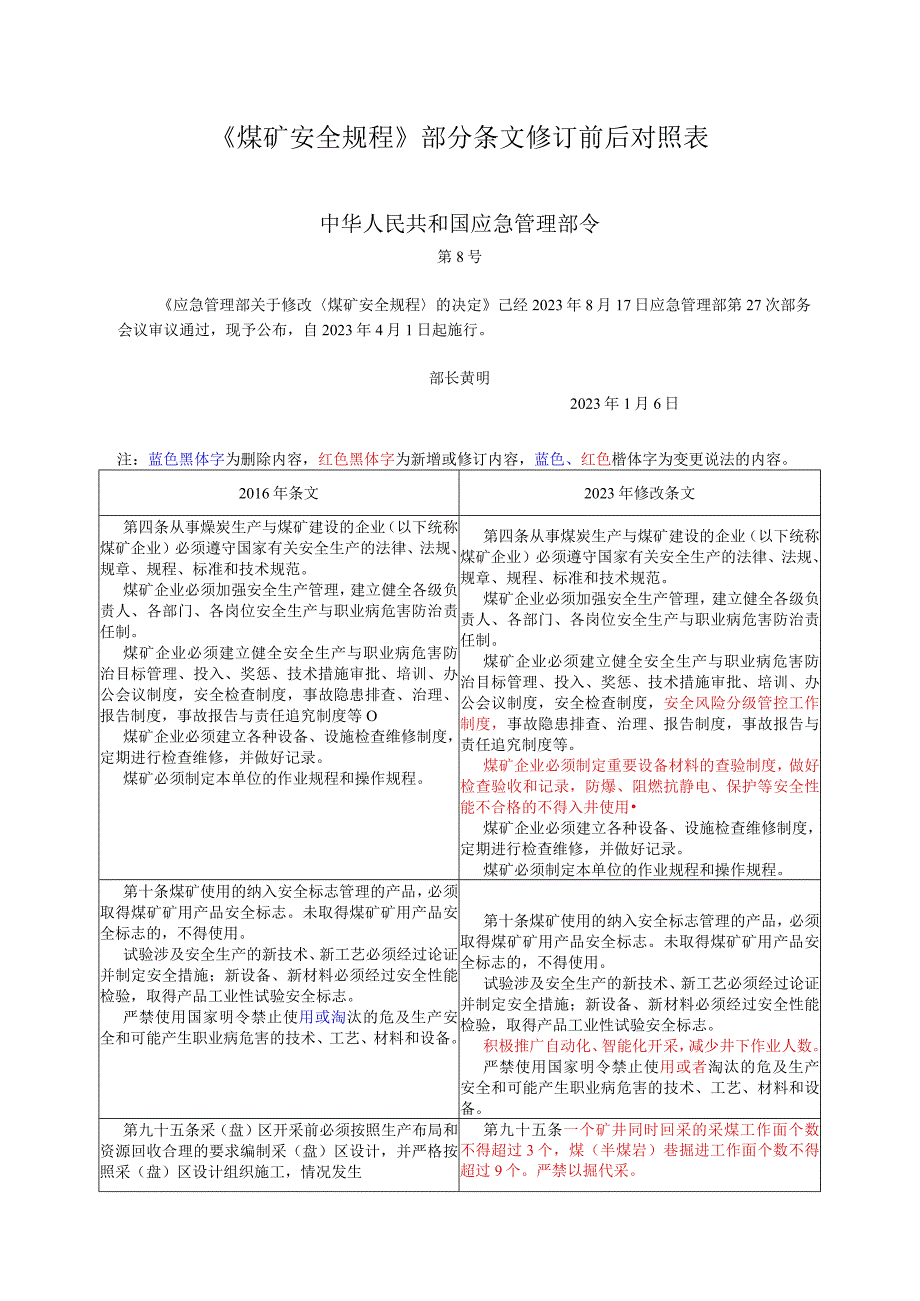 2023年煤矿安全规程部分条文修订前后对照表.docx_第1页