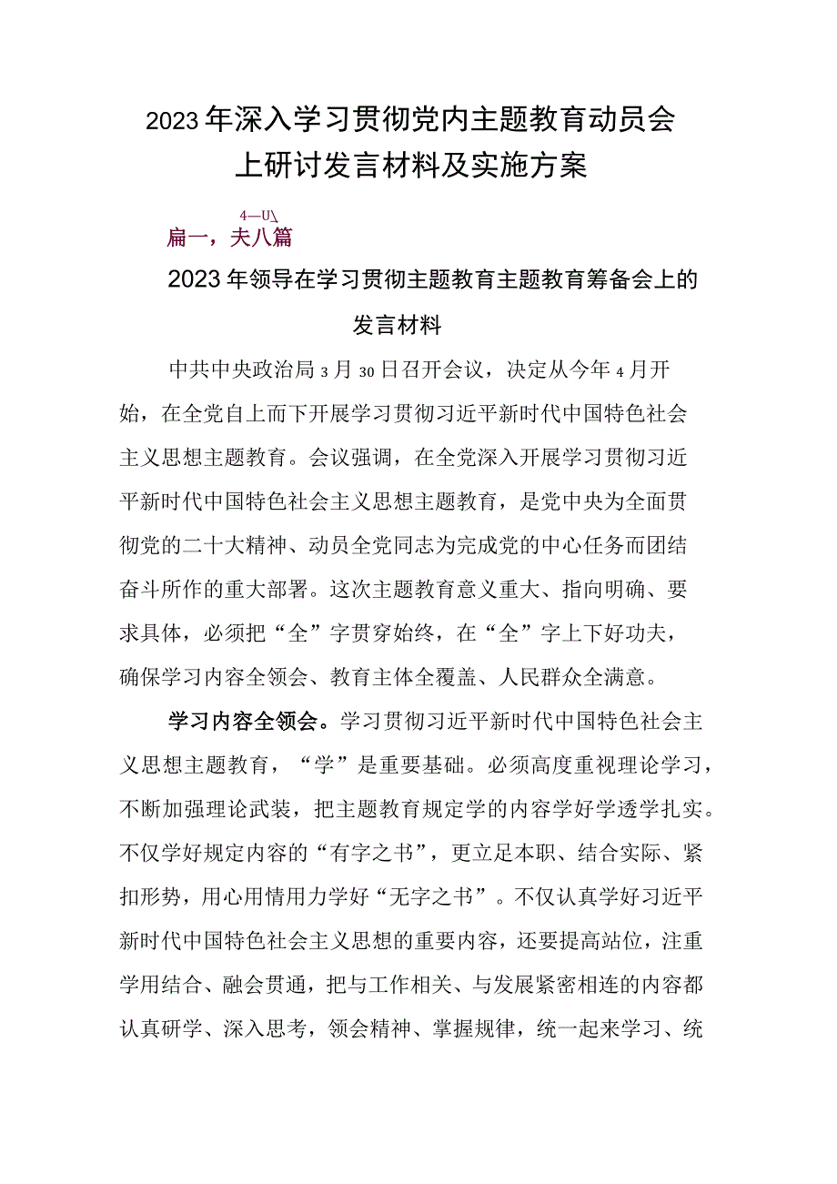 2023年深入学习贯彻党内主题教育动员会上研讨发言材料及实施方案.docx_第1页